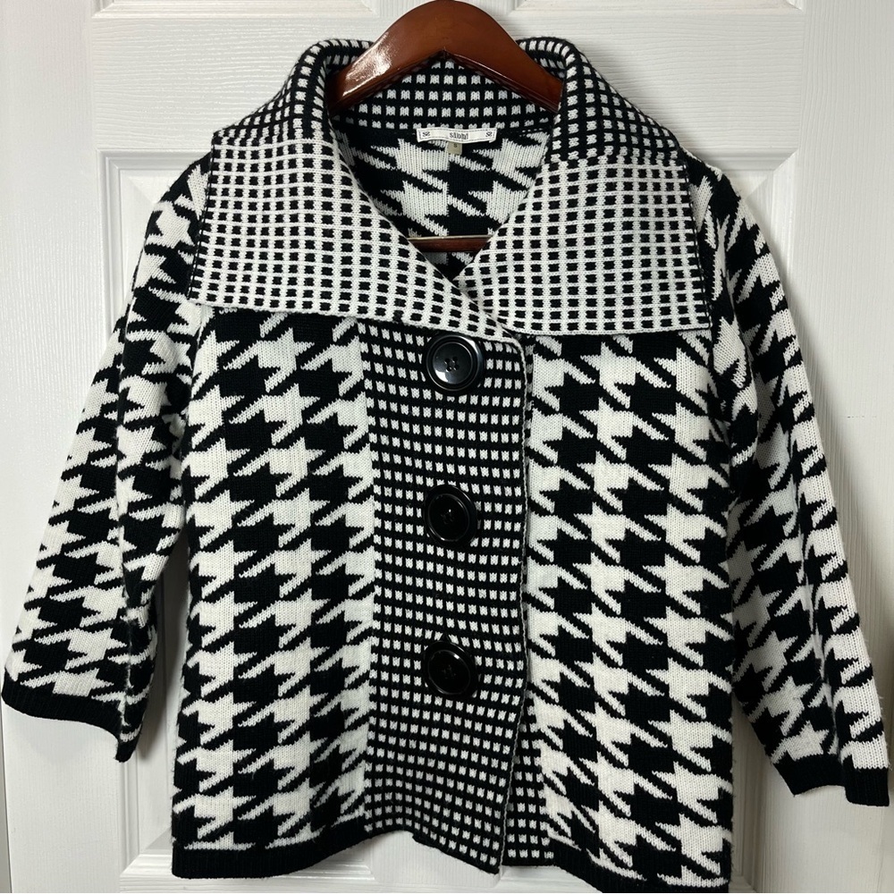 Sioni women Black and White Houndstooth Cardigan sweater blazer size Small - Picture 2 of 12